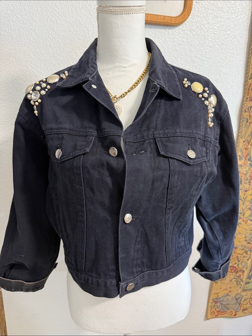 Squeeze Black Embellished Cropped Denim Jacket